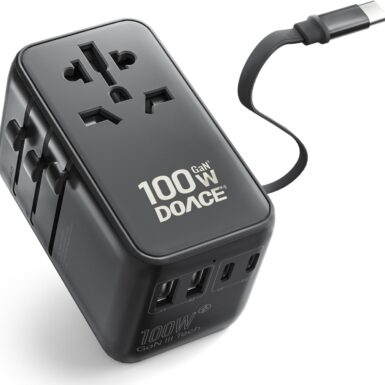 DOACE 100W GaN Universal Travel Adapter with USB-C Cable | 6-in-1 Design, USB-C PD Fast Charging, European Plug Adapter Works in 200+ Countries, Not a Voltage Converter